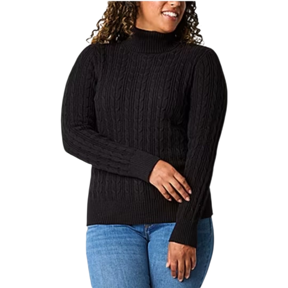 Classic Cable Sweater Black Turtleneck Cotton 0X